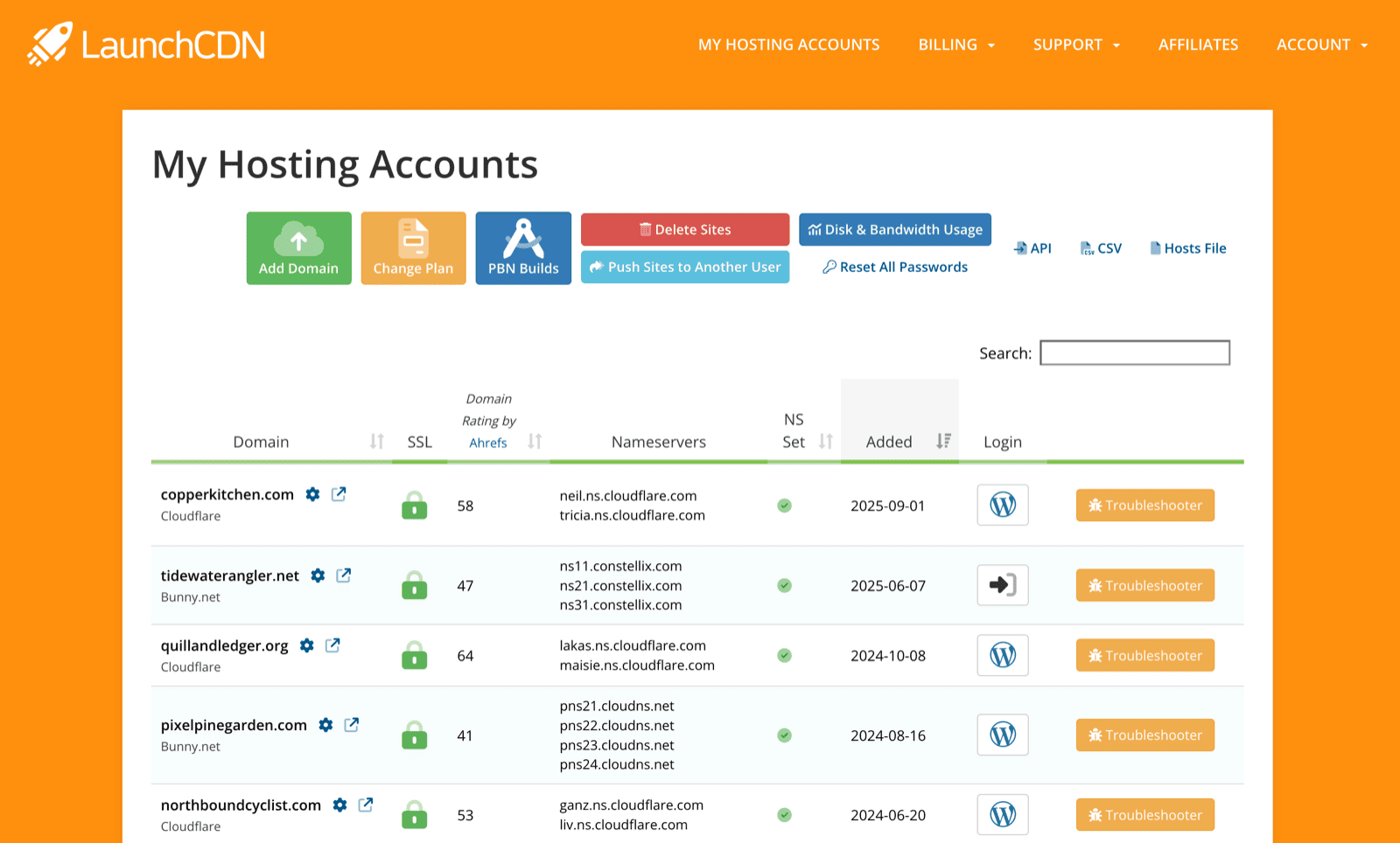 The LaunchCDN dashboard: the My Hosting Accounts page listing each site with its CDN, SSL, Ahrefs Domain Rating, name servers, one-click WordPress login and Troubleshooter